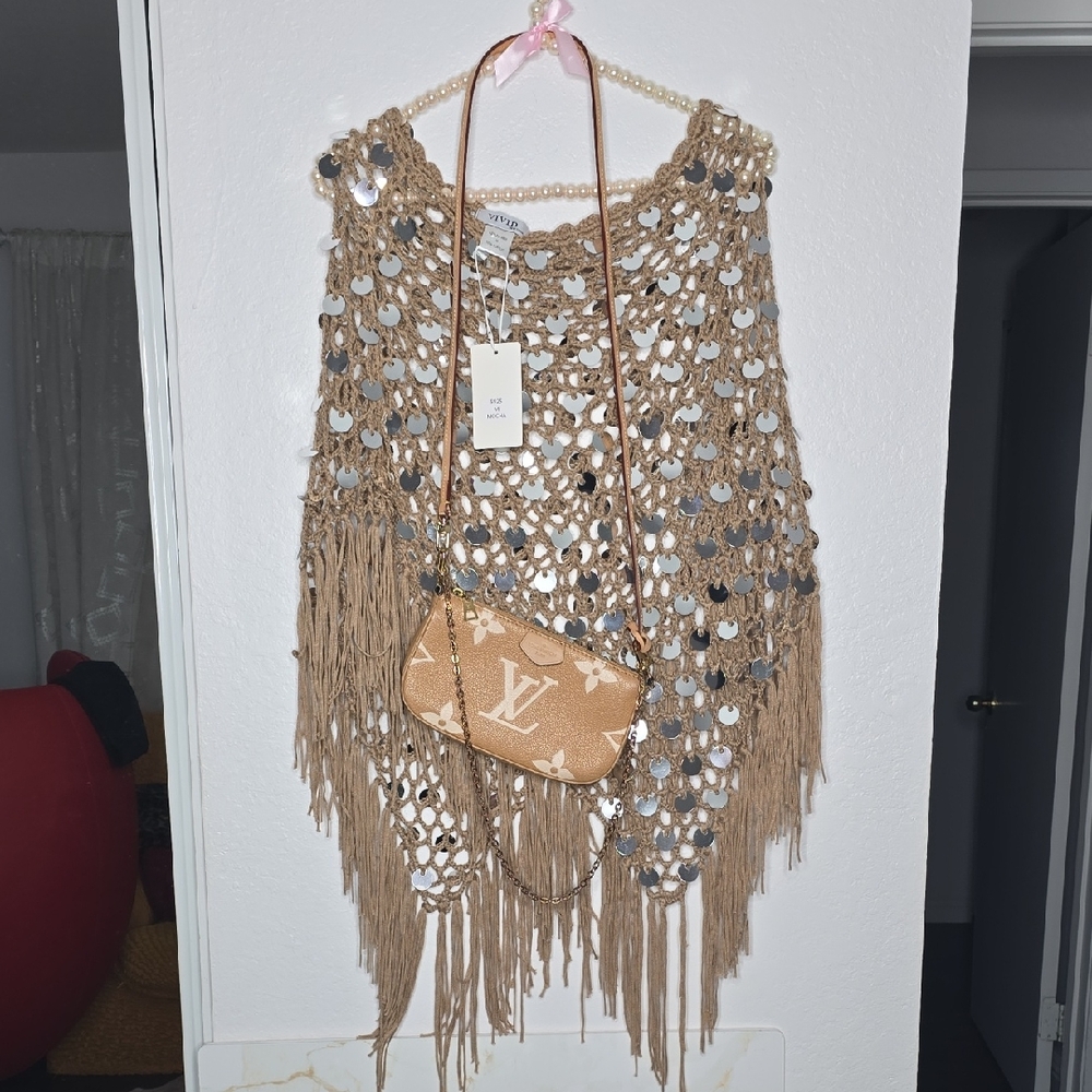 Tan Crochet Fringe Poncho With Large Silver Mirror sequins New